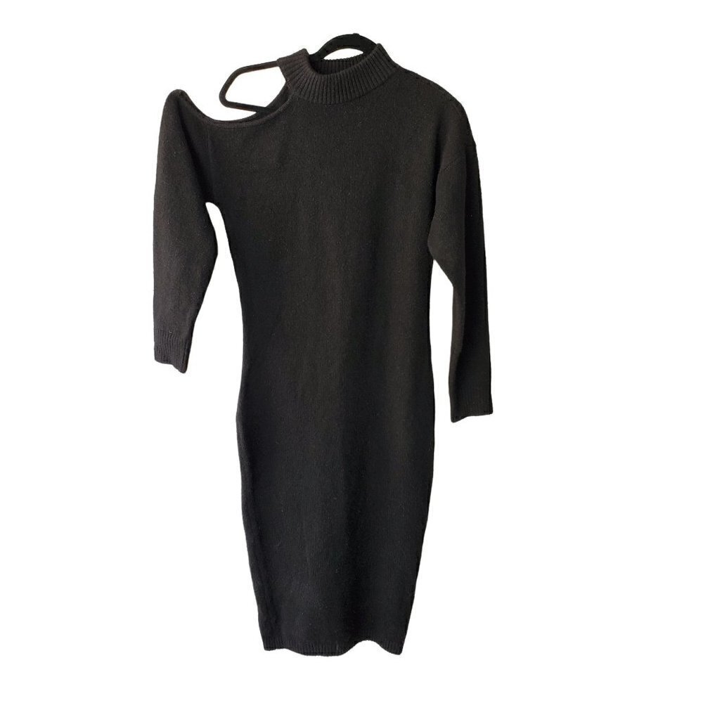 JustFab Shoedazzle Black Knit Sheath Dress Cold Shoulder Long Slv Womens Small
